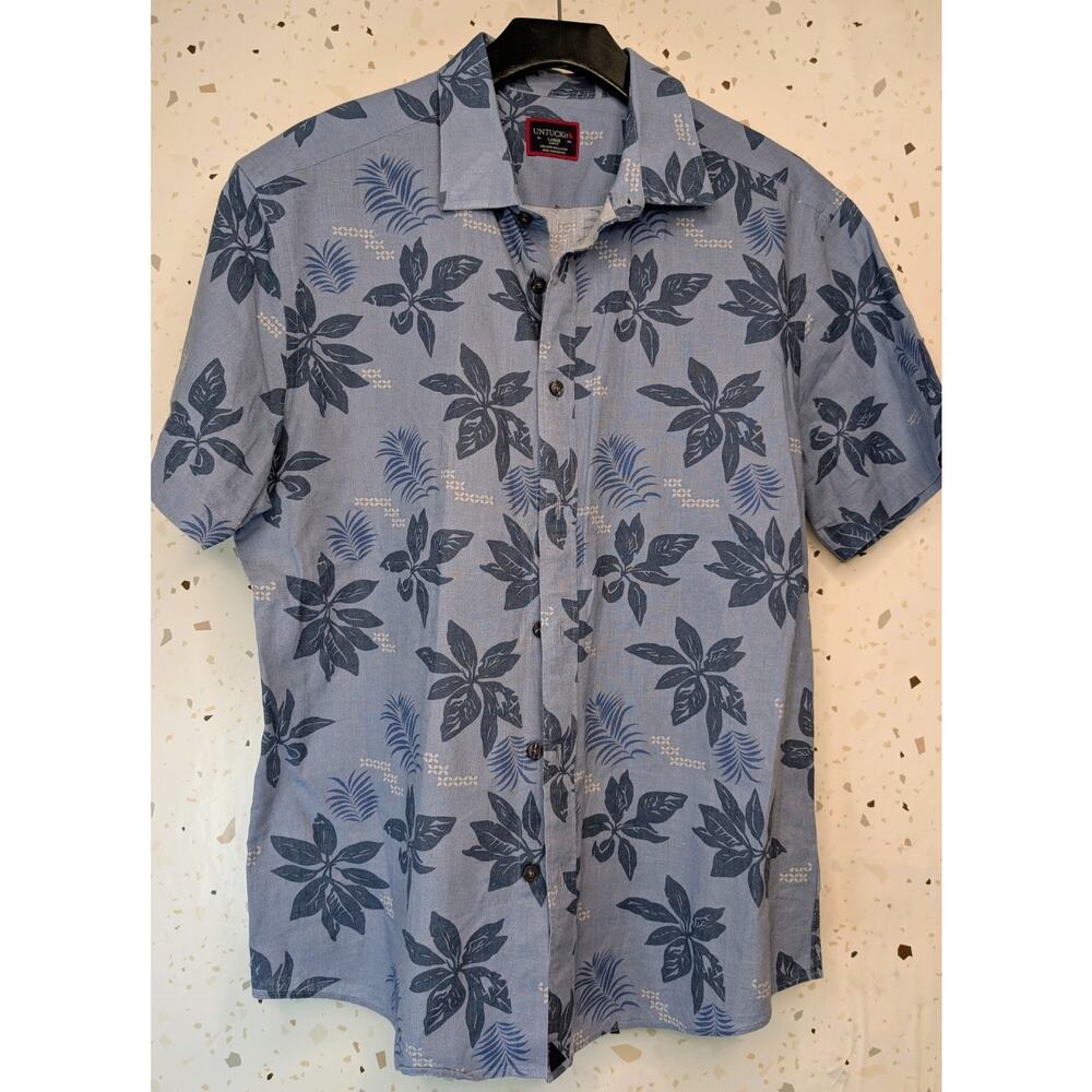 Untuckit Bairrada Shirt Blue Linen Blend Preppy Slim Fit Floral Large